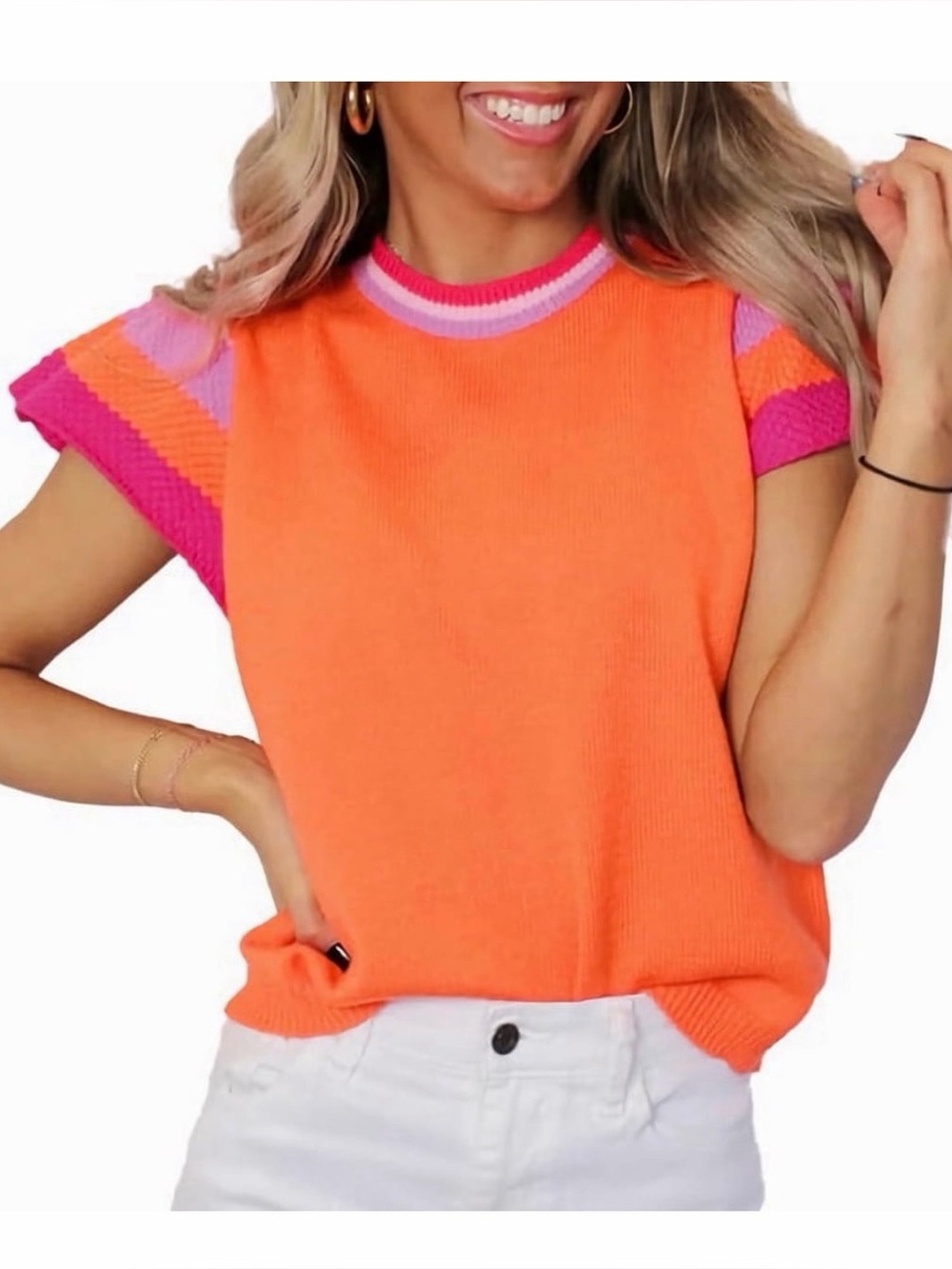 NWOT Boho Bright Orange Flutter knit Sleeve Top with Pink Accent size XL
